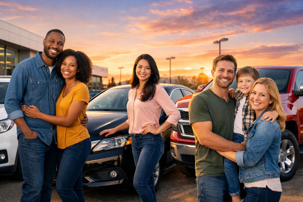 Happy customers with cars collage background